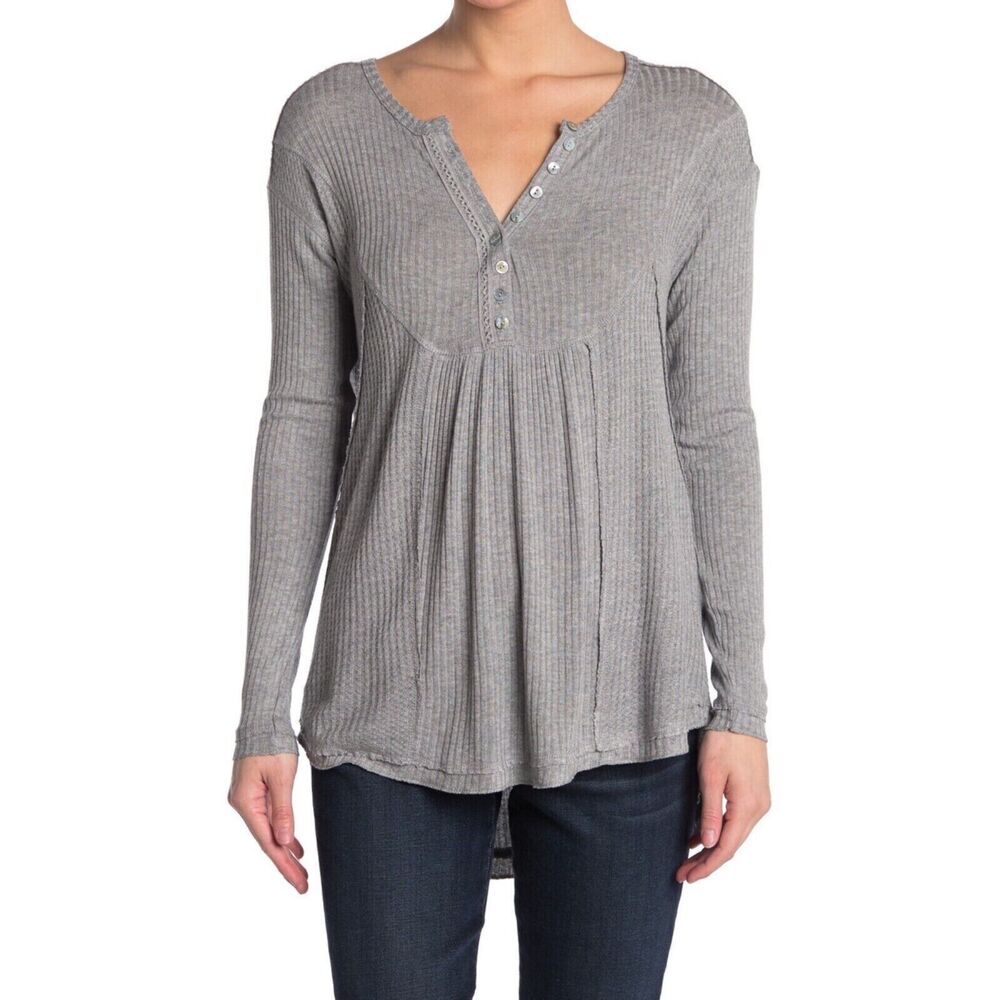 Sweet Romeo Henley Tunic Women M Medium Light Heather Gray Waffle Knit Oversized